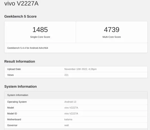 Điểm Geekbench của Vivo V2227A được cho là trang bị vi xử lý Snapdragon 8 Gen 2