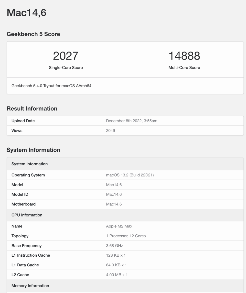 Điểm Geekbench của Mac 14,6 chạy chip M2 Max