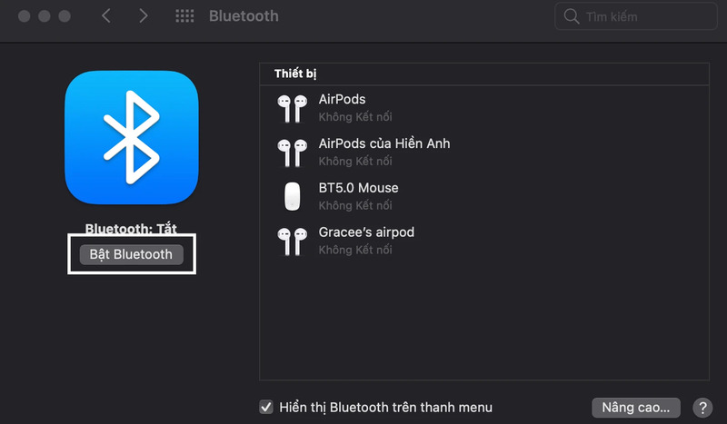Chọn Turn on để bật lại Bluetooth