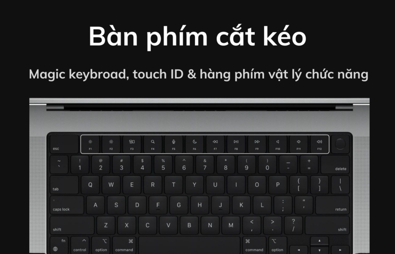Bàn phím của MacBook Pro 14 M1 2021 đi kèm hàng phím chức năng và Touch ID tích hợp tiện lợi