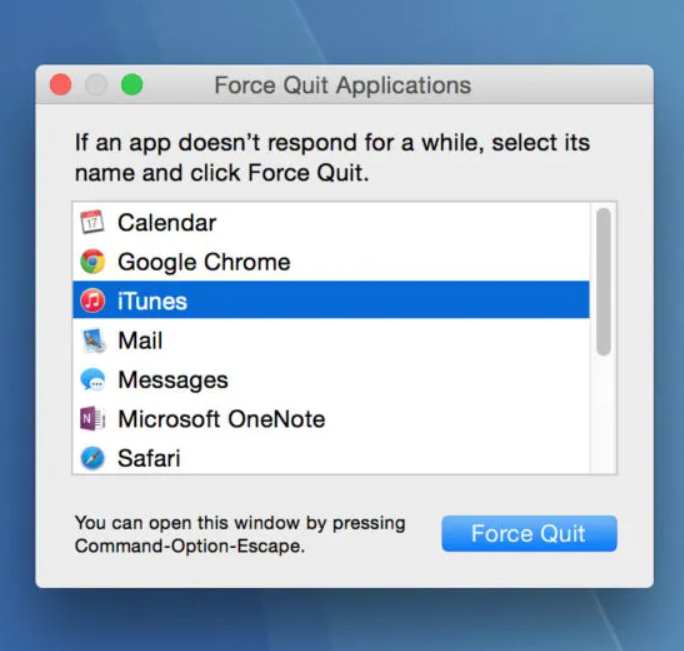 Chọn ứng dụng cần đóng và click Force Quit