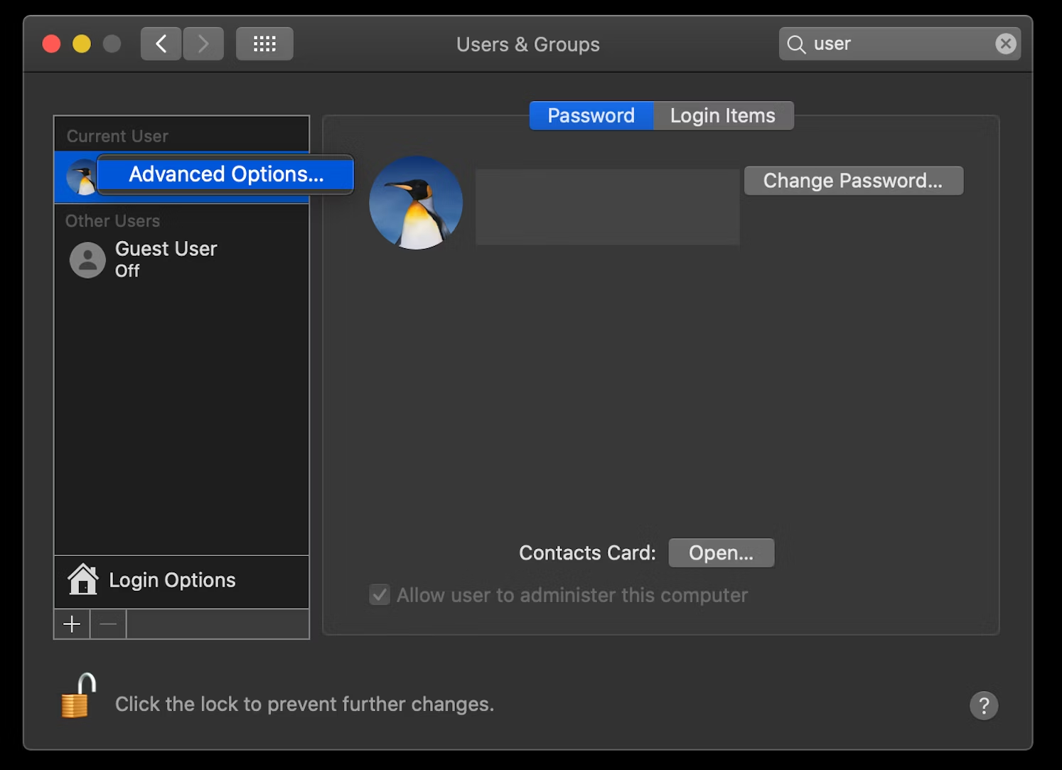 Bấm chọn Advanced Options (Tùy chọn nâng cao) trong giao diện Users and Groups 