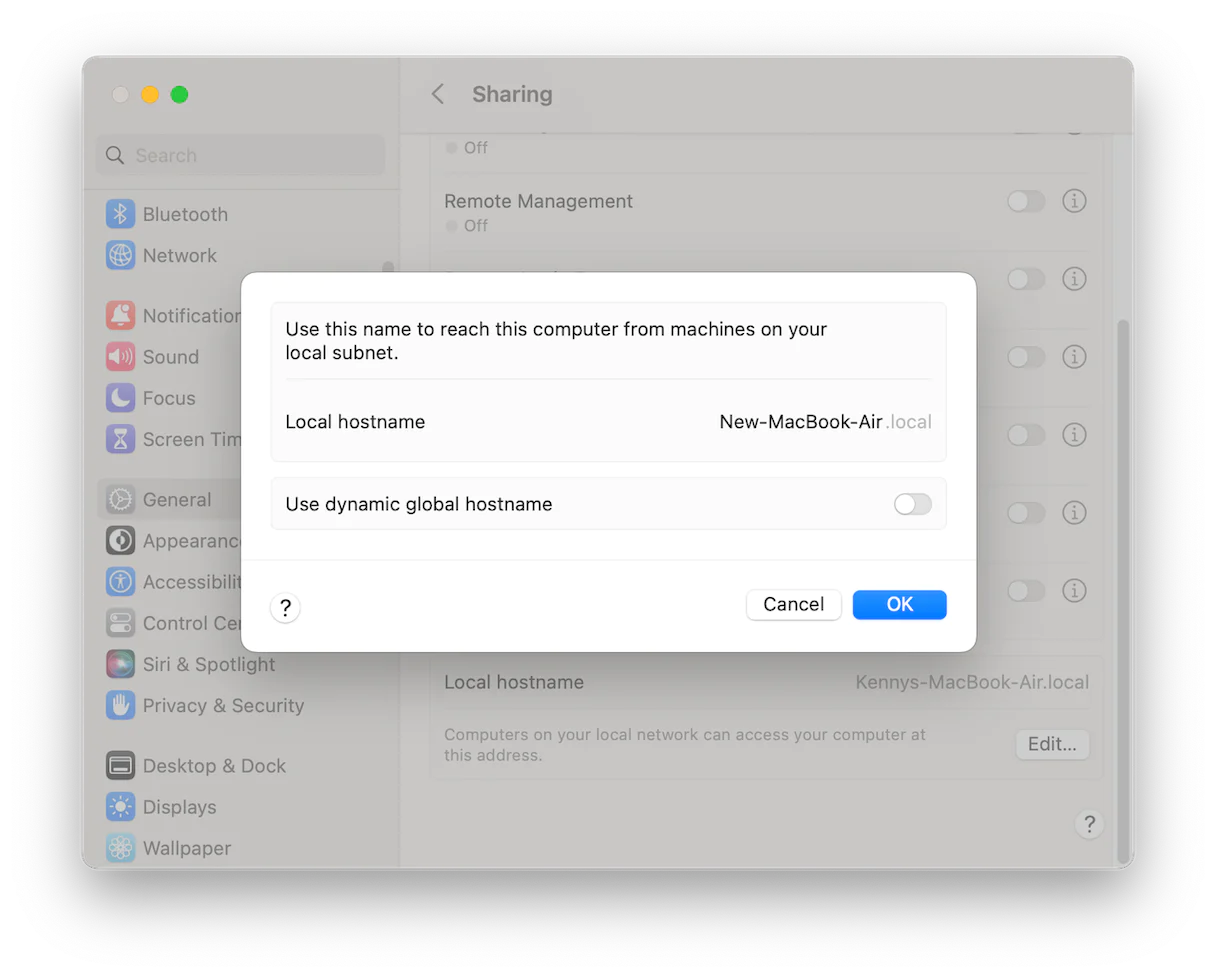 Nhập tên mới cho MacBook tại thanh Local hostname