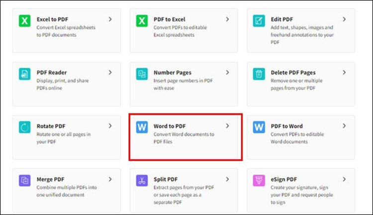 Chọn vào mục “Word to PDF”