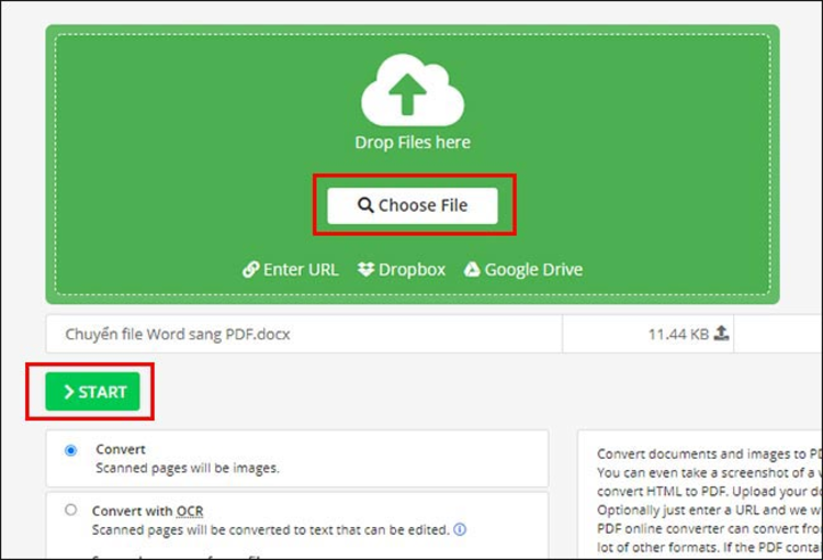 Bạn bấm “Start/Bắt đầu” để thực hiện quá trình chuyển đổi file từ word sang PDF